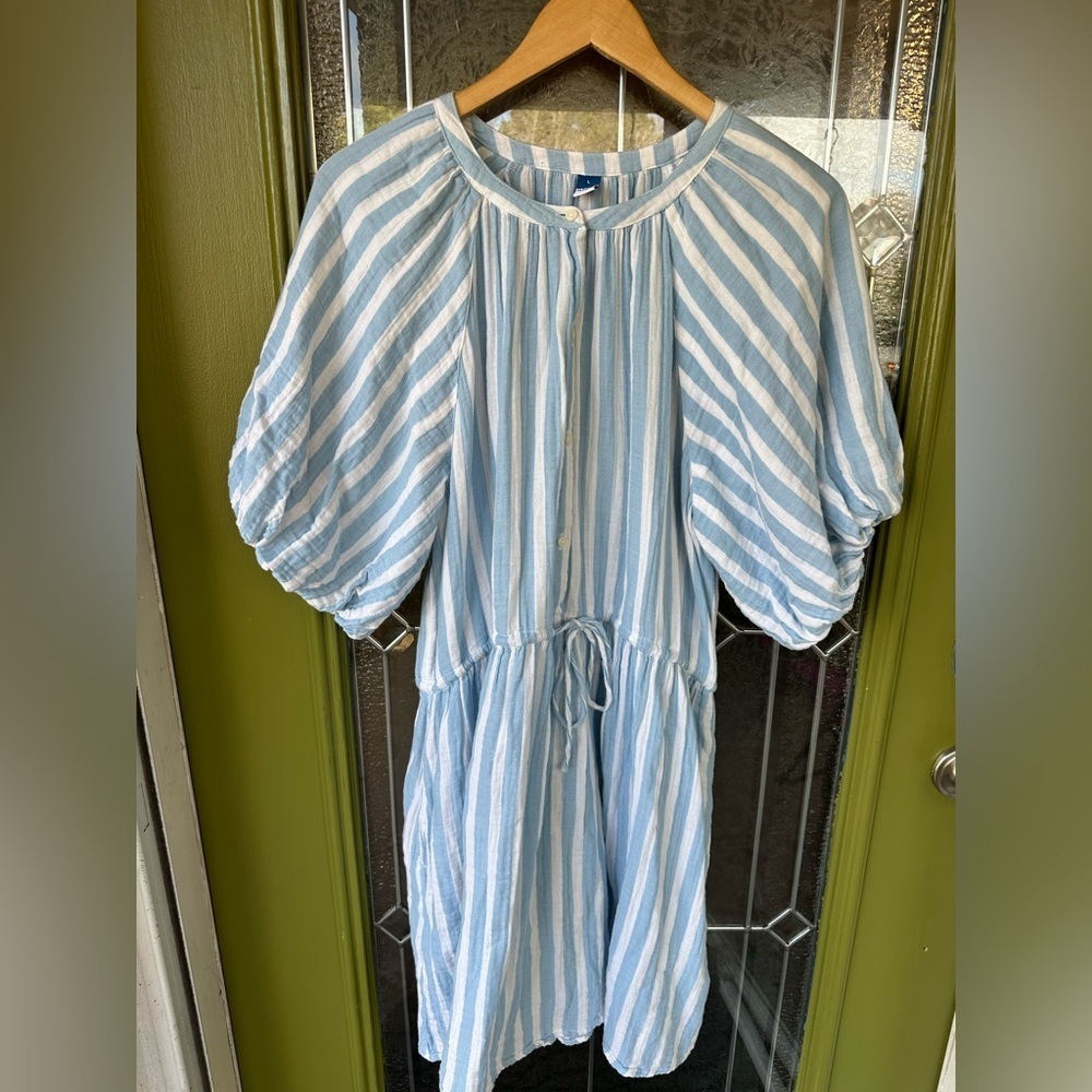 Old Navy Women’s Large 100% Cotton Blue White Stripe Balloon Drawstring Dress